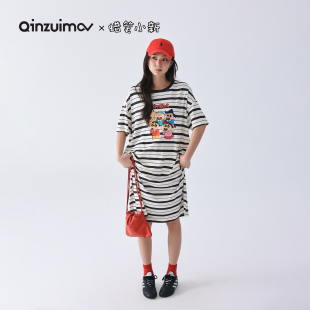 卡通可愛條紋短袖 睡裙女生夏季 睡衣家居服寬松 蠟筆小新 親嘴貓