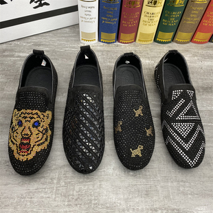 皮鞋 男鞋 精神社會(huì)小伙時(shí)尚 水鉆套腳懶人豆豆鞋 潮男個(gè)性 歐洲站男士