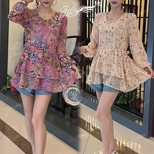 時尚 遮肉顯瘦小衫 休閑圓領百搭雪紡衫 新款 2025年春季 優雅氣質女裝