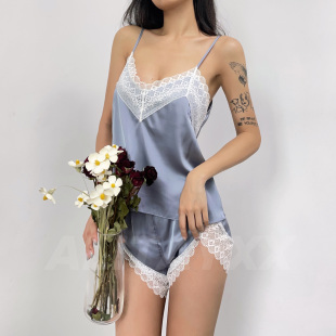 套裝 Alitayxx 性感吊帶睡衣睡褲 仿真絲雪紡蕾絲花邊夏季 冰川融雪