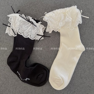 襪 配小皮鞋 韓系甜美 白色芭蕾風花邊中筒外穿ins潮襪少女公主風格