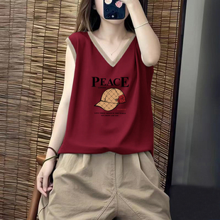 外貿(mào)出口品牌清倉純棉撞色V領(lǐng)印花t恤女夏裝 上衣 百搭顯瘦拼接無袖
