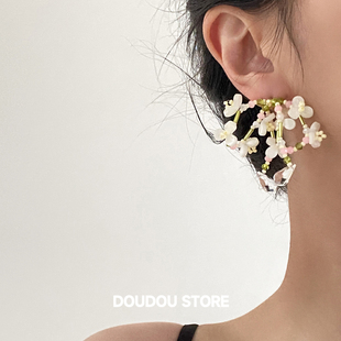 DOUDOUSTORE925銀針蝴蝶結花朵手工串珠清新度假風耳環女新款 ins