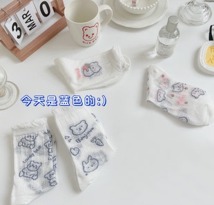 日系襪子女中筒襪夏季 透氣網眼可愛卡通小熊jk花邊短襪ins潮 薄款