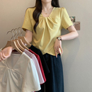 設計感v領不規則正肩T恤純棉短袖 2025夏裝 女時尚 胖mm大碼 上衣 新款