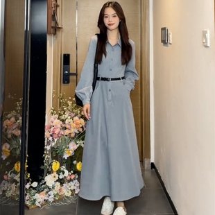 初秋高級感法式 2025秋季 連衣裙子女裝 小個(gè)子藍(lán)色氣質(zhì)襯衫 長裙 新款