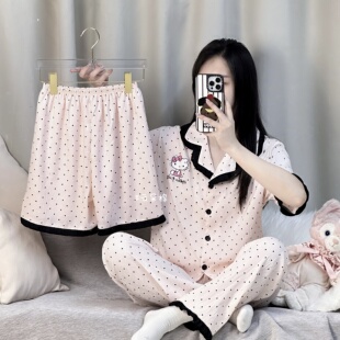 家居服云朵棉三件套裝 新款 短褲 短袖 波點HelloKitty花邊睡衣女夏季