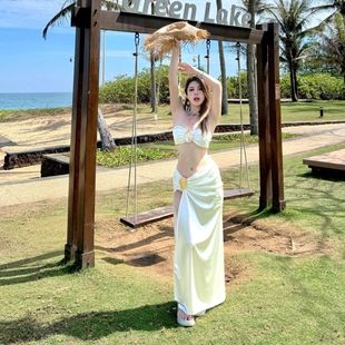 泳衣女款 海底月光高級質感緞面性感分體抹胸長裙泳衣開叉比基尼套
