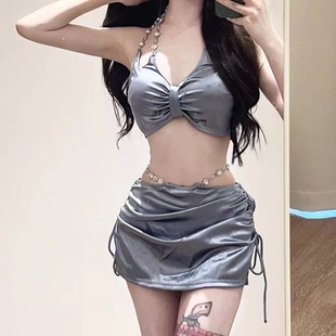 世可兒銀色高級性感比基尼三件套分體泳衣女2025新款 溫泉度假鋼托