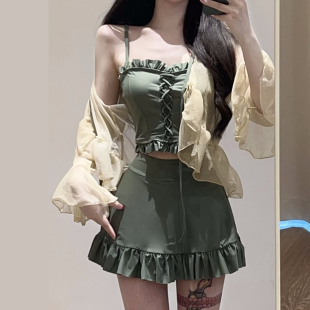 世可兒泳衣女2025微胖遮肚泡溫泉聚攏裙式 三件套 平角分體泳衣罩衫