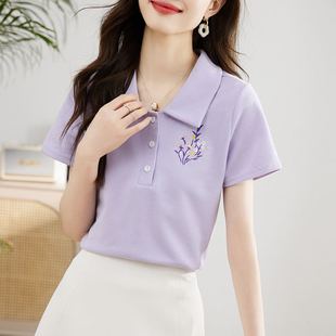 新款 T恤女夏季 刺繡減齡POLO領(lǐng)顯瘦上衣 折扣清倉(cāng)撿漏翻領(lǐng)短袖 正品