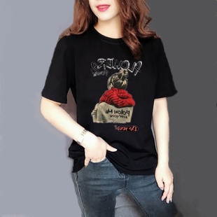 品牌折扣店專柜清倉夏季 顯瘦上衣 黑色純棉印花t恤女圓領寬松大碼