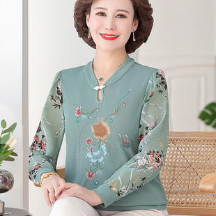 媽媽裝 上衣刺繡小衫 長袖 旗袍領雪紡衫 t恤中老年女裝 2025春秋新款