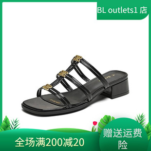 B5379BT5 復(fù)古方頭粗跟外穿女條帶羅馬拖鞋 百思圖25夏商場新款 時尚