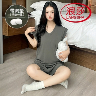 短褲 背心無袖 韓范家居服假兩件 薄款 浪莎涼感冰絲帶胸墊睡衣女夏季