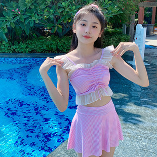 15歲寶寶女孩少女學(xué)生平角泳裝 女童泳衣兒童中大童分體裙式 小童8