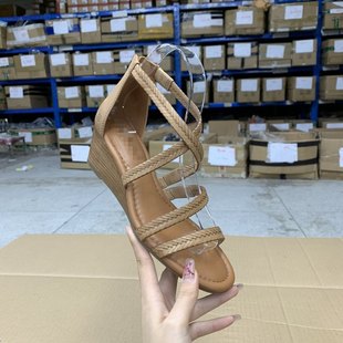 真皮圓頭純色坡跟編織交叉帶后拉鏈涼鞋 外貿(mào)原單女鞋 新款