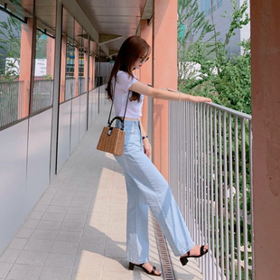 高腰顯瘦垂感加長直筒拖地闊腿褲 淺藍色牛仔褲 薄款 夏季 女2025新款