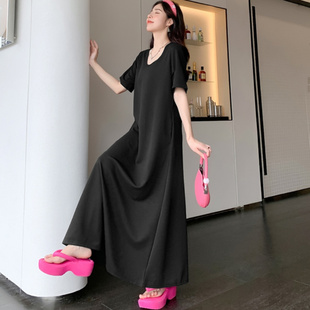 大碼 法式 新款 連衣裙女2025夏季 氣質(zhì)高級(jí)感顯瘦大擺超長裙 U領(lǐng)短袖