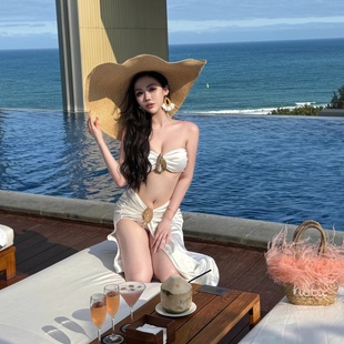泳衣女2025新款 比基尼三件套性感純欲長裙泡溫泉度假沙灘海邊度假