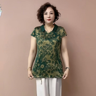 新款 涼爽透氣寬松小衫 高級時尚 T恤氣質中老年媽媽裝 減齡短袖 夏季