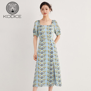 長裙子時尚 KODICE印花連衣裙女裝 方領(lǐng)系帶高腰顯瘦短袖 新款 夏季