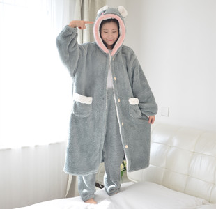 長(zhǎng)款 清倉(cāng)冬季 胖MM開(kāi)衫 睡衣女加肥大碼 家居服200斤 加厚絨睡袍睡褲