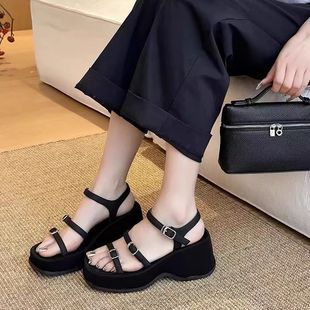女鞋 9677 新款 小個子百搭厚底羅馬鞋 夏季 松糕底露趾一字帶涼鞋