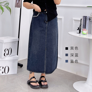 梨形身材顯瘦a字裙開叉 mm高腰中長款 大碼 胖妹妹牛仔半身裙女夏季