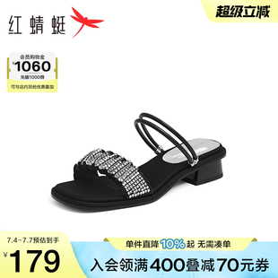 一字帶涼拖外穿休閑兩穿拖鞋 紅蜻蜓粗跟涼鞋 女鞋 新款 女2025夏季