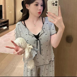 甜美 蝴蝶結薄款 家居服莫代爾棉帶胸墊可外穿時尚 高定睡衣女套裝