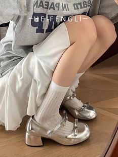 厚底jk單鞋 法式 銀色涼鞋 女2025新款 子 一字扣淺口高跟瑪麗珍小皮鞋