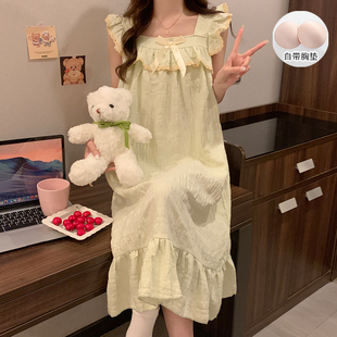 睡裙女夏季 公主風(fēng)純色甜美花邊小仙女寬松連衣裙家居服 云朵棉短袖