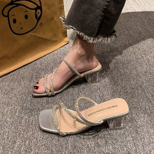 透明配裙子水晶粗跟仙女拖鞋 高跟水鉆涼鞋 外穿法式 新款 女2025夏季