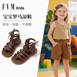 夏款 FVM女童公主寶寶羅馬涼鞋 夏季 子2025新款 軟底女寶棕色 兒童鞋
