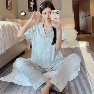 夏季 套裝 2025新款 長褲 宮廷蕾絲花邊家居服 冰絲短袖 高級感睡衣女款