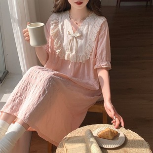 天睡衣女士v領甜美蕾絲花邊睡裙可外穿ins風家居服5040 夏季 星
