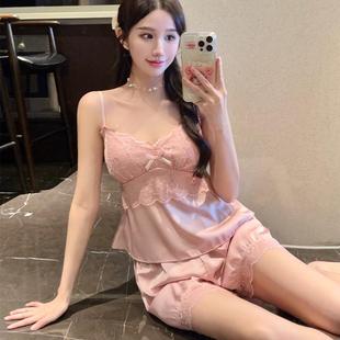 性感睡衣女夏季 夏款 2025新款 套裝 家居服帶胸 冰絲蕾絲吊帶短褲 新品