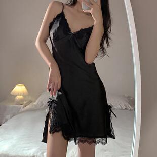 跨境性感睡衣女夏季 緞面吊帶睡裙蕾絲花邊誘惑家居服批發(fā) 冰絲薄款