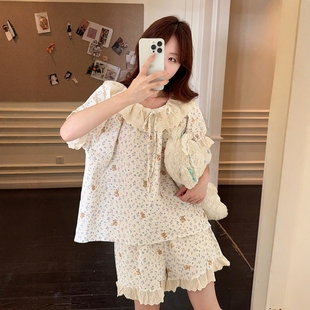 寬松家可外穿居服套裝 甜美少女碎花小熊睡衣女夏季 圓領花邊領短袖