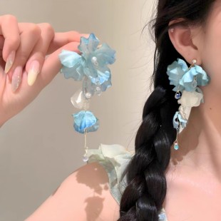 氛圍感夏日海邊藍色花朵耳環獨特絕美2025度假耳墜耳夾