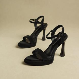 單鞋 一字帶涼鞋 細跟魚嘴露趾軟底防水臺休閑女鞋 真皮高跟鞋 女夏季