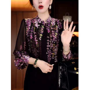 寬松顯瘦小衫 女減齡氣質百搭上衣秋季 襯衫 設計感立體花藤印花長袖