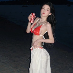紅色復古波點印花比基尼分體泳衣女夏顯白海島沙灘度假游泳裝 韓系