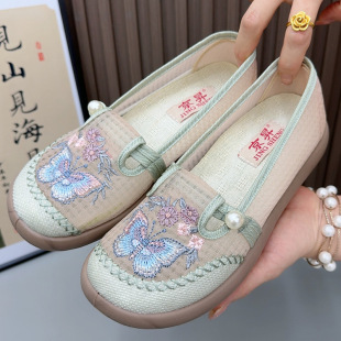 淺口網鞋 新中式 網紗透氣繡花鞋 女夏季 民族風舒適媽媽 老北京布鞋