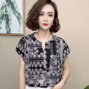 襯衫 上衣寬松顯瘦洋氣短袖 襯衣 女夏季 外貿原單專柜撤回印花雪紡衫