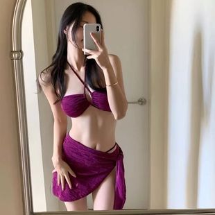 胖東來日韓新款 三件套度假溫泉海邊泳衣女 顯白小胸比基尼分體裙式