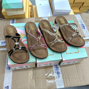 外貿Y單軟墊透氣涼拖女休閑復古大碼 圓頭水鉆帶輕便防滑沙灘拖鞋