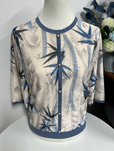 寬松媽媽裝 圓領特大碼 桑蠶絲中老年女 水墨畫復古T恤中袖 專柜正品