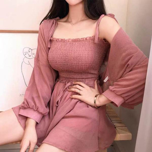 女夏 雪紡?fù)馓椎鯉弦滦蓍e短裙三件套裝 2023年新款 初戀小個(gè)子開衫
